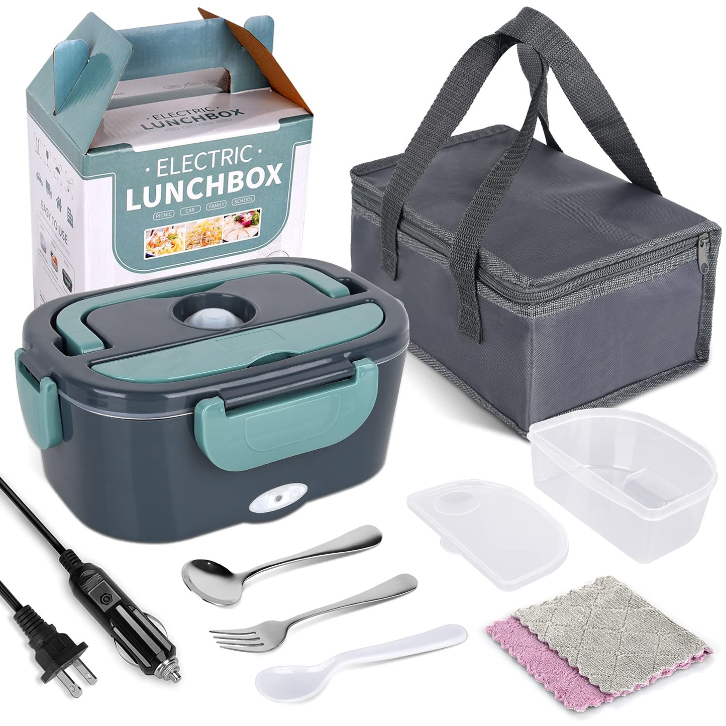 2 in1 Home Car Electric Lunch Box Stainless Steel Food Heating Bento Box 12V 24V 110V 220V Food Heated Warmer Container Set